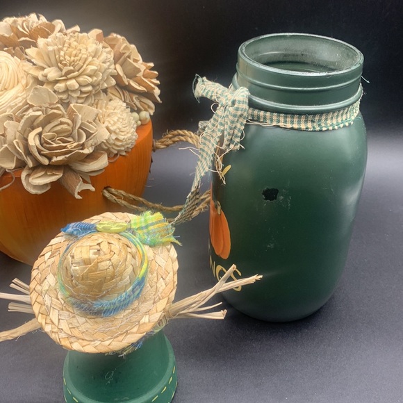 Fall Autumn Decor Hand Painted Jar Terra Cotta Scarecrow Wood Flower Pumpkin Pot - Picture 4 of 4